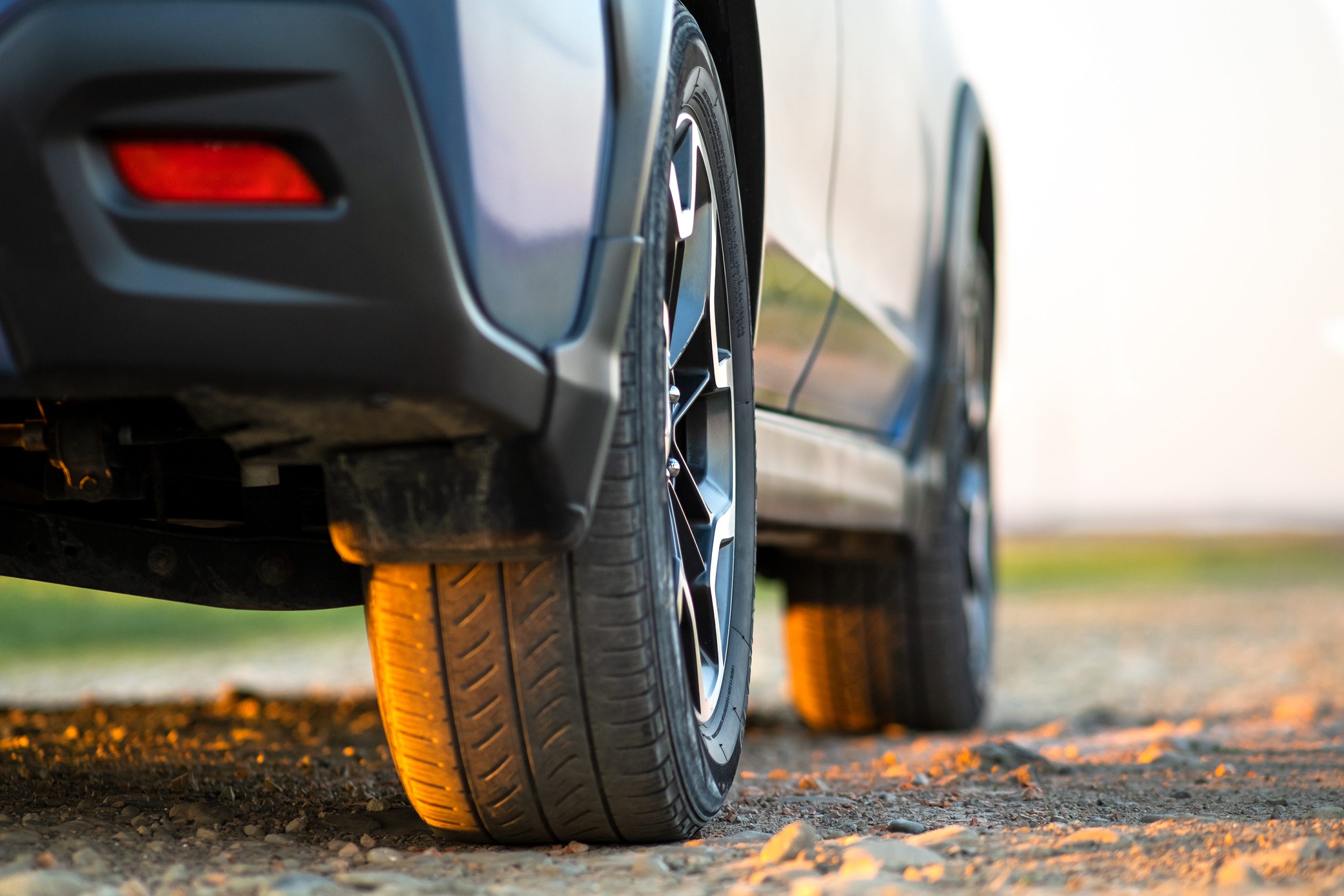 Closeup of car tires parked on the road